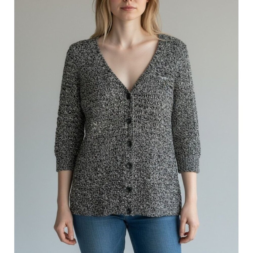 DKNY Jeans S Womens Black & White Textured Button-Up Cardigan Sweater 3/4 Sleeve
